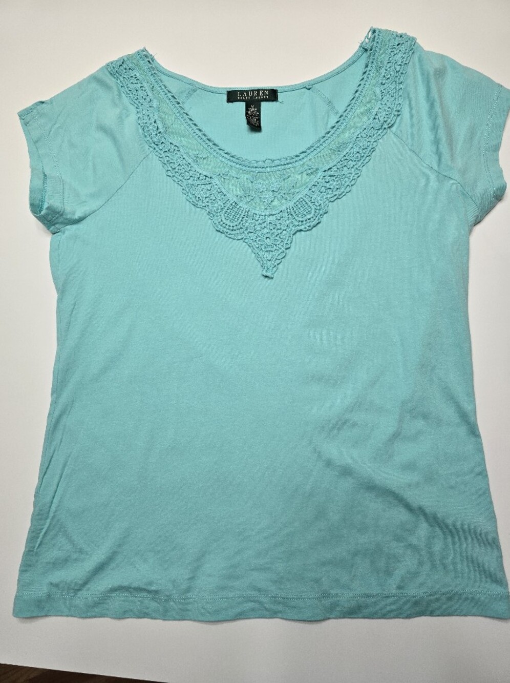 Lauren Ralph Lauren Turquoise Crochet-Trim Short Sleeve Top